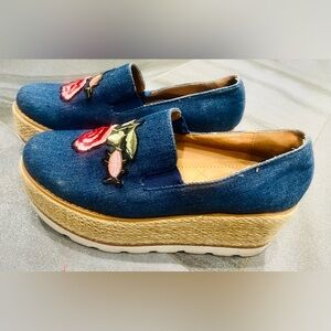 Women’s  Slip-on Denim Espardille Woven Jute Platform Embroidered Roses Size 7.5